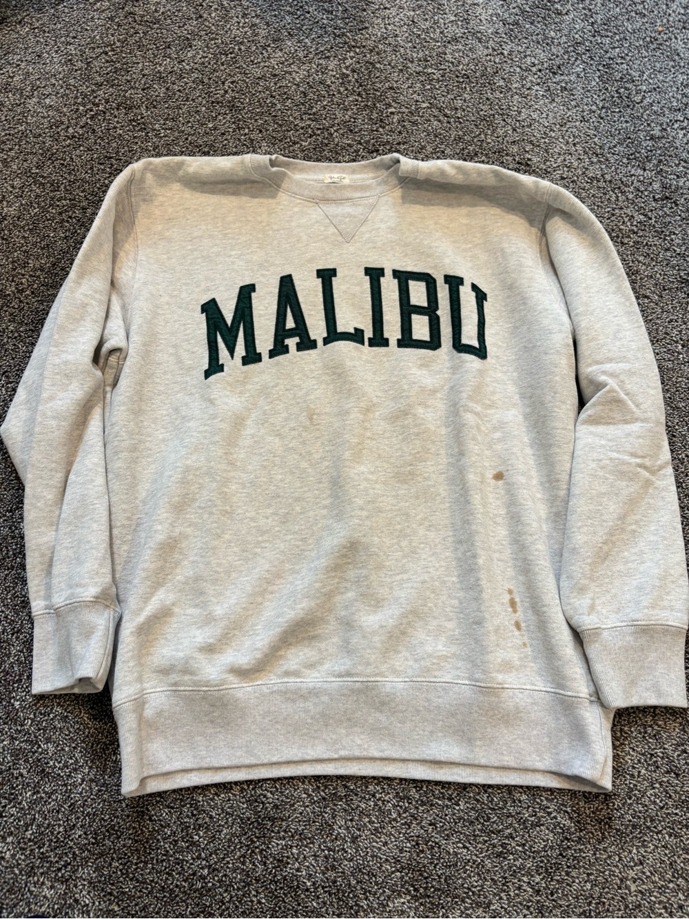 Brandy Melville Light Gray Malibu Crewneck with Dark Green Lettering